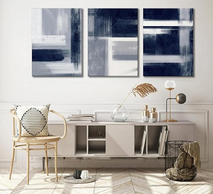 Wavkkey 3Pcs Navy Blue Abstract Canvas Wall Art Blue Grey Neutral Modern Geometric Abstract Painting Poster Wall Decor Print Artwork for Living Room Bedroom Office Home Decoration