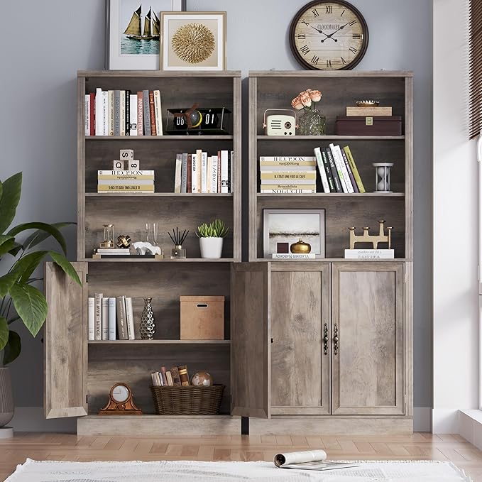 70.1" Tall Bookshelf with Cabinet, 5-Tier Floor Standing Bookcase with Doors & Adjustable Shelves, 31.5" Wide Storage Shelf, Metal Handles, Modern Organizer for Home Office, Living Room