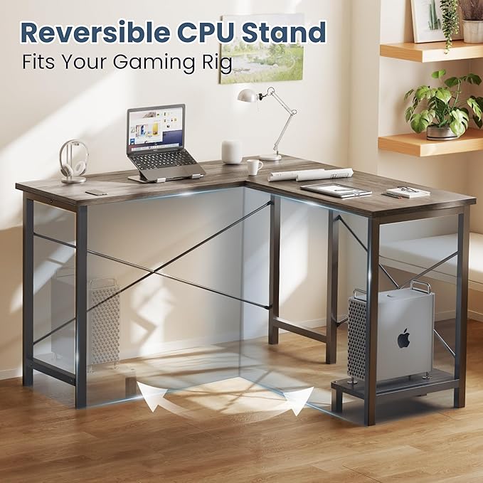 DUMOS L Shaped Desk, Computer Gaming Desks Corner Office Table with CPU Shelf for Home Study Writing Work Station 50 Inch, Grey