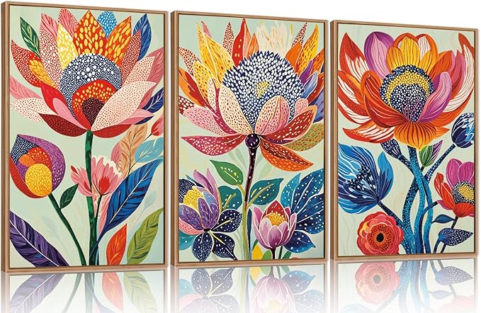 HPINUB Abstract Botanical Floral Framed Canvas Wall Art Set,Colorful Dot Art Modern Flower Wall Decor,Vibrant Blooming Flowers Artwork Eye-Catching Boho Art Print for Living Room,Bedroom-24 x36 x3