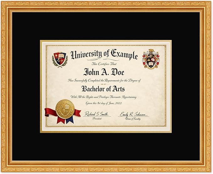 CountryArtHouse Diploma Frame Fits 11.69 x 8.27 A4 Certificate - Keepsake Graduation Display Museum Gold Genuine Hardwood with Black Over Metallic Gold Double mat
