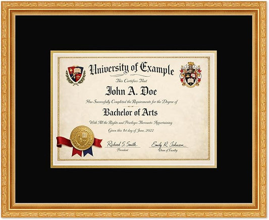 CountryArtHouse Diploma Frame Fits 11.69 x 8.27 A4 Certificate - Keepsake Graduation Display Museum Gold Genuine Hardwood with Black Over Metallic Gold Double mat