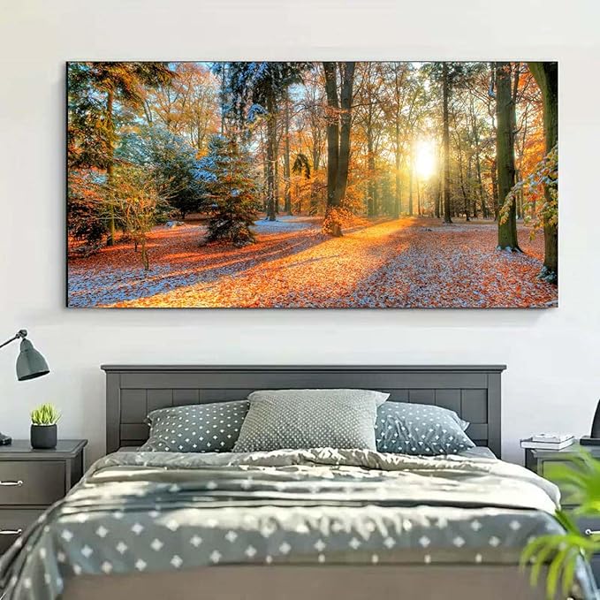 Bamdeya Forest Canvas Wall Art Large Picture Autumn Poster Sunset Tree Wall Decor Natural Landscape Painting Fall Scenery Artwork for Bedroom Living Room Decor Office Home Decorations