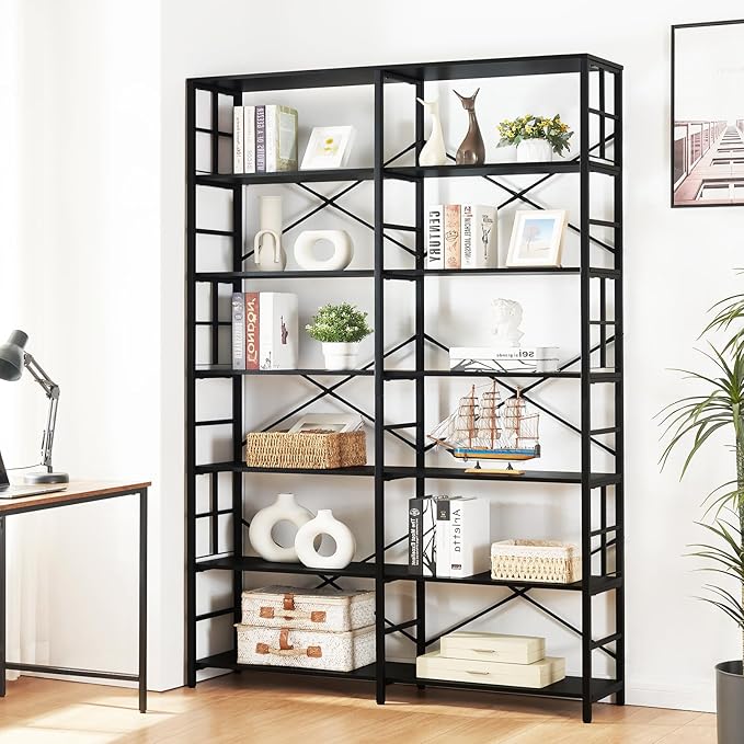 HOMISSUE Bookshelf, Industrial Double Wide 7-Tier Bookshelves, 84" Tall Bookcase with Open Shelves, Heavy Duty Bookcases with Storage for Living Room Home Office, Black