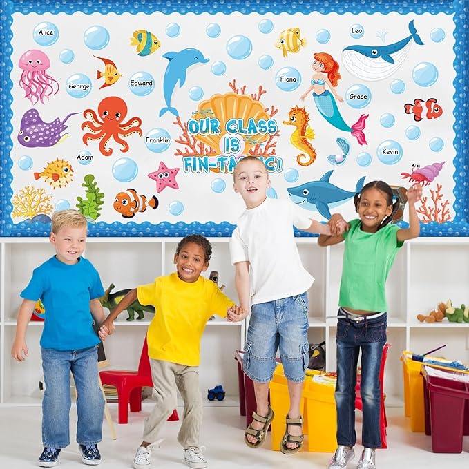 gisgfim Under The Sea Bulletin Board Decoration Set Classroom Sea Animals Cutouts Borders for School Decor Ocean Theme Summer Welcome Bulletin Board Craft Door Home Wall(Our Class is Fin-Tastic)