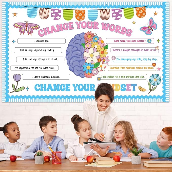 Growth Mindset Bulletin Board Set Flower Mental Health Classroom Decoration Spring Change Your Mindset Bulletin Board Butterfly Brain Positive Sayings Posters Cutouts for School Chalkboard Wall Decor