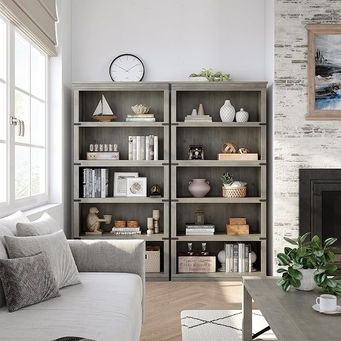 GarveeHome 5 Tier Farmhouse Bookcase, 67.4" Tall Book Shelf with Storage, Wooden Bookshelves 5 Shelf Display Shelves for Home Office(67.4" H x 31.5" W x 12.8" D) (Grey, 67.4" H x 31.5" W x 12.8" D)