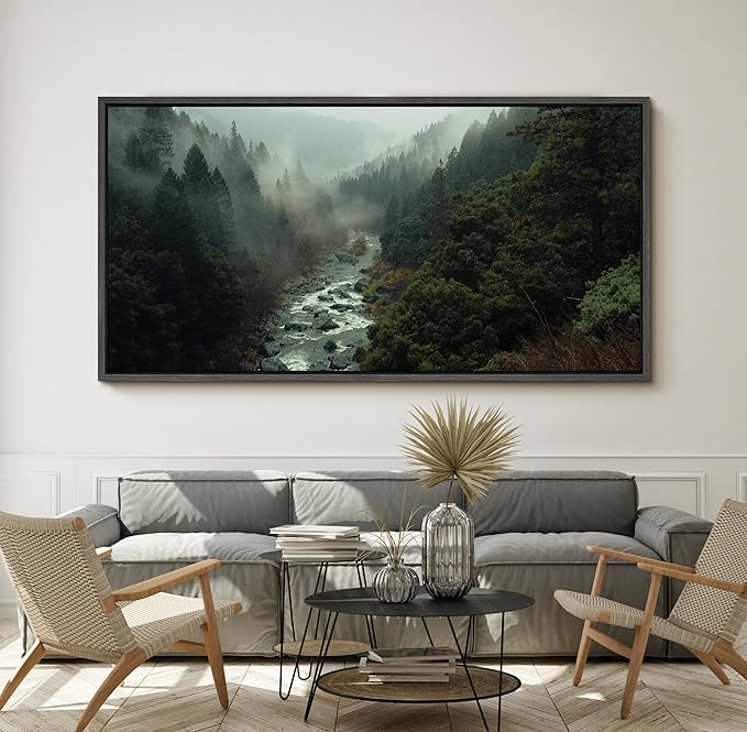 SIGNFORD Extra Large Framed Canvas Misty Forest River Landscape Nature Photography Illustrations Modern Art Calm Warm for Living Room, Bedroom, Office - 60"x30"