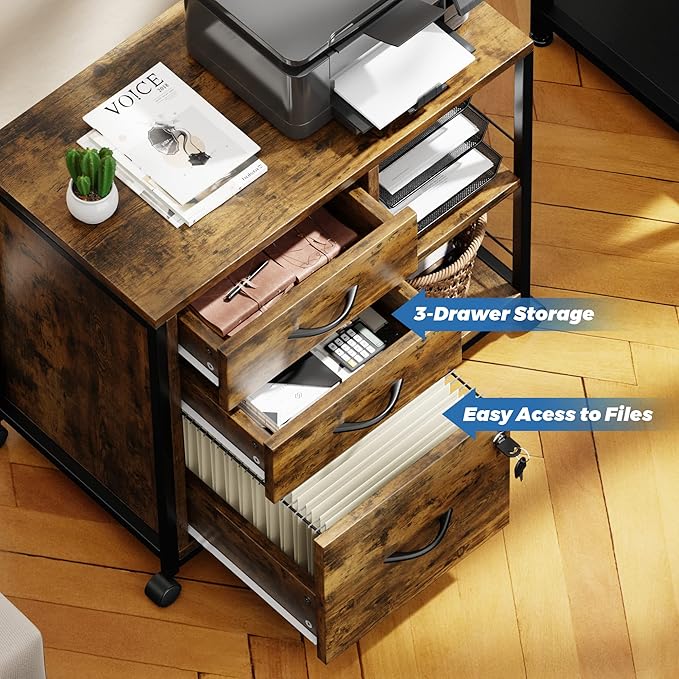 Lulive Brown 3 Drawer File Cabinet for Home Office, Lockable with USB Charging Port, Rectangular, 3 Levels, 100 Pound Weight Recommendation