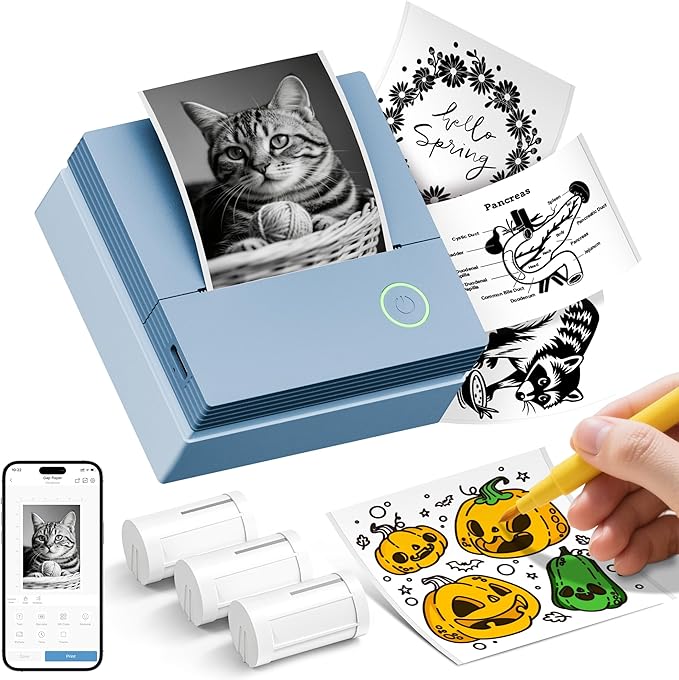 Sticker Printer, PM290C Portable Mini Printer, Inkless Bluetooth Sticker Maker with 3 Rolls Paper, Impresora Portátil for Notes, Journal, DIY, Gift, Print Pod for School/Office/Home, Blue