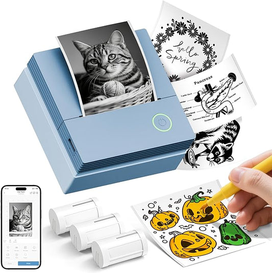 Sticker Printer, PM290C Portable Mini Printer, Inkless Bluetooth Sticker Maker with 3 Rolls Paper, Impresora Portátil for Notes, Journal, DIY, Gift, Print Pod for School/Office/Home, Blue