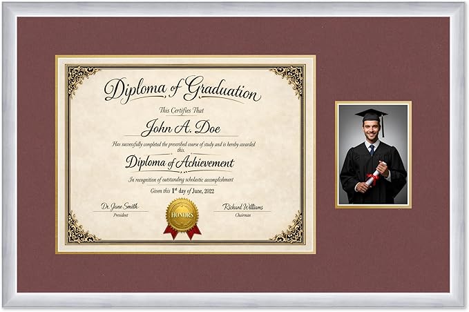 Diploma Frame With Photo Opening Stainless Silver Dark Red Over Gold Mat - Fits 17 x 13 Degree and Picture Made in the USA