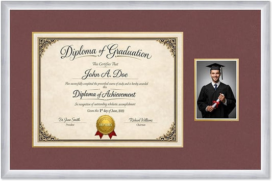 Diploma Frame With Photo Opening Stainless Silver Dark Red Over Gold Mat - Fits 17 x 13 Degree and Picture Made in the USA