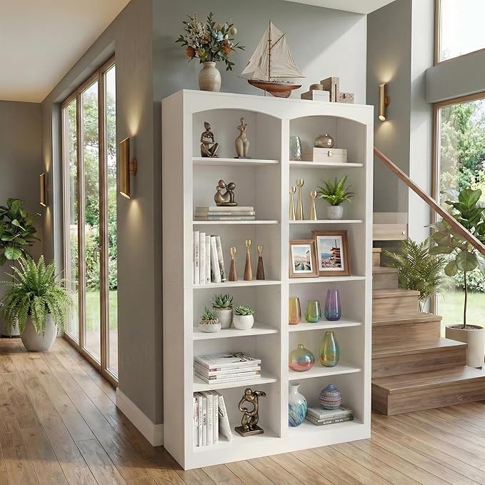 71" Tall Bookcase, Double Wide White Bookshelf with Arched Design, 12-Tier Open Wood Display Shelf Storage Organizer for Living Room, Home Office (41.6" W x 70.8" H)