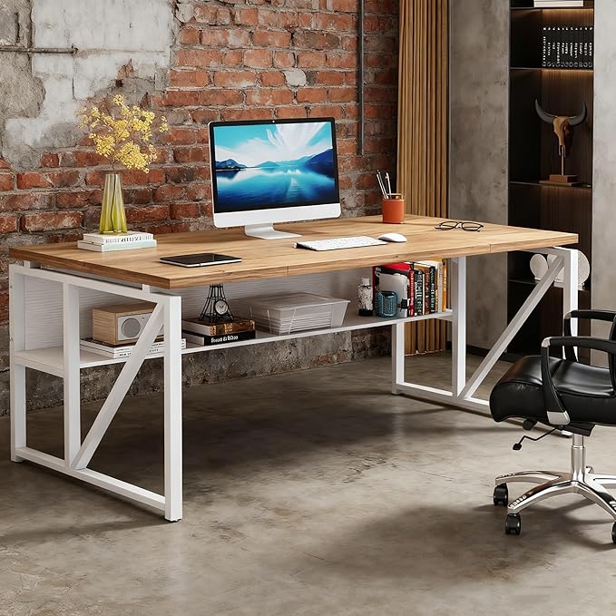 Tribesigns 63 inches Computer Desk with Bottom Storage Shelf Home Office Desk Writing Table for Workstation,Dark Walnut + Steel Leg， Cabinet not Included (Light Walnut, 63-inch-with Shelf)