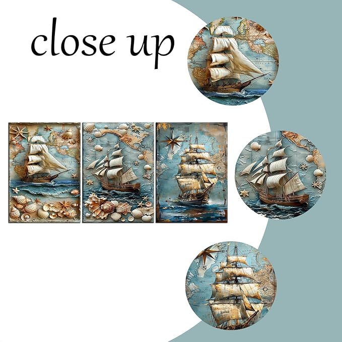 Abstract Sailboat Wall Art Seashell Starfish Map Poster Print on Wooden Canvas Blue Ocean Theme Picture Painting Wall Decor Artwork for Living Room Hotel Workplace Ready to Hang [60''Wx28''H]