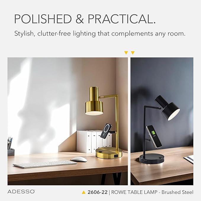 Adesso Supercharger Lamp with USB-A, USB-C, AC Outlet & Wireless Charging Pad – Brushed Steel Desk Lamp with Adjustable Shade and Power Station Base for Home, Office, or Dorm