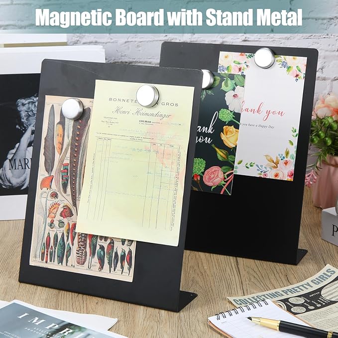 Fainne 2 Pcs Magnetic Bulletin Board with Easel Stand 11 x 8.5 x 2.4 Inches Mini Magnet Metal Tabletop Memo Display Board for Back to School Menu Table Office Supplies(Black)