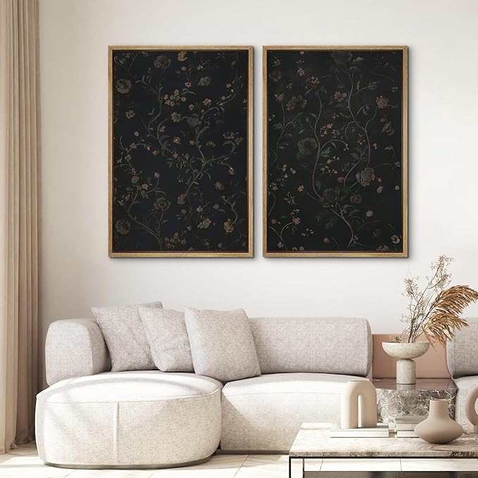 SIGNWIN Framed Canvas Print Wall Art Set Dark Vintage Floral Moody Botanical Modern Art Minimal Boho Relax/Calm for Living Room, Bedroom, Office - 24"x36"x2 Natural