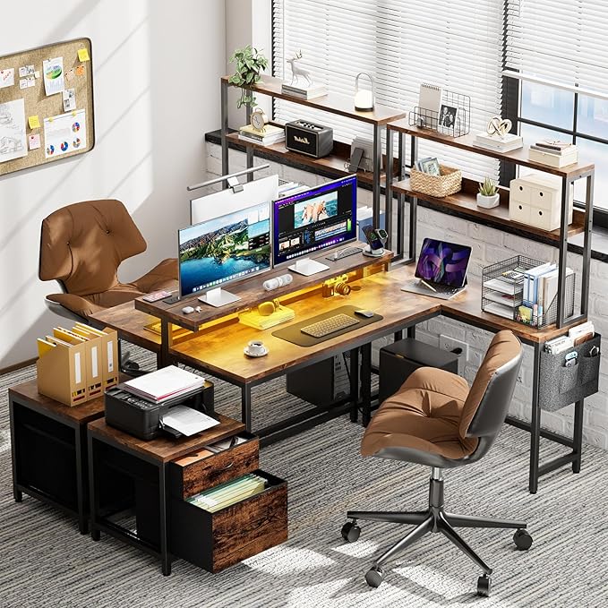 REAHOME 70 Inch L Shaped Desk with File Drawers and Reversible Storage Shelves, Computer Desk with Power Outlet & LED Strip, Home Office Desks, Writing Study Desk for Bedroom, Rustic Brown