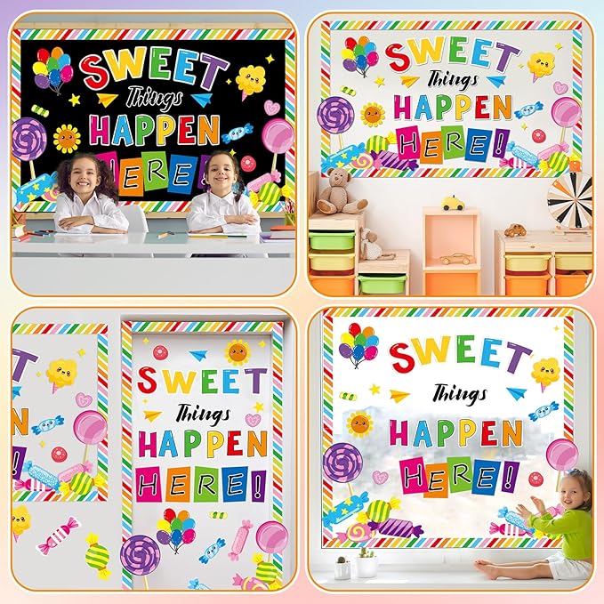gisgfim Sweet Candy Things Happen Here Bulletin Board Decorations Back to School Colorful Paper Cutouts Sweet Candy Bulletin Board Set for Kindergarten Preschool Elementary Wall Decor Supplies
