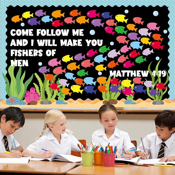 Fishers of Men Bulletin Board Classroom Decorations Christian Religious Bible Bulletin Board Sets Fish Paper Cutouts for Jesus Church Sunday Summer VBS Back to School Teacher Chalkboard Wall Supplies