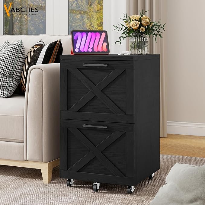 Vabches Farmhouse File Cabinet with 2 Drawers, Vertical Filing Cabinet on Wheels for Letter/A4 Size Hanging Files, Mobile File Cabinets Printer Stand for Home Office, Black