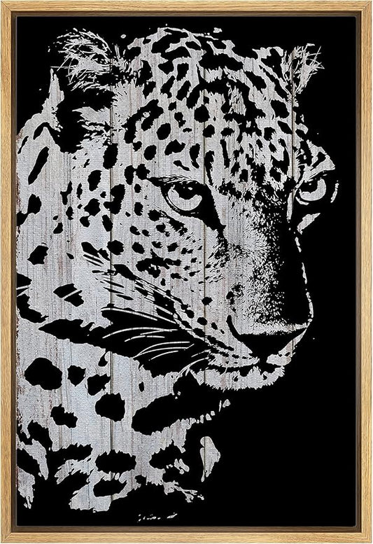 IDEA4WALL Framed Canvas Print Wall Art Grayscale Spotted Leopard on Wood Blocks Animals WildLife Illustrations Modern Art Tropical Portrait Dark for Living Room, Bedroom, Office - 16"x24" NATURAL