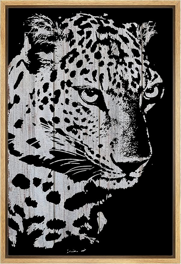 IDEA4WALL Framed Canvas Print Wall Art Grayscale Spotted Leopard on Wood Blocks Animals WildLife Illustrations Modern Art Tropical Portrait Dark for Living Room, Bedroom, Office - 24"x36" NATURAL