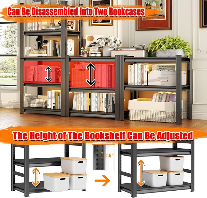 Modern Bookshelf, 4-Tier Book Shelf, 1200LBS Display Bookcase with Steel Frame & Metal Shelves, Adjustable Bolt-Free Storage Shelves for Living Room, Bedroom, Garage, Kitchen, 24"W x14"D x54"H Black