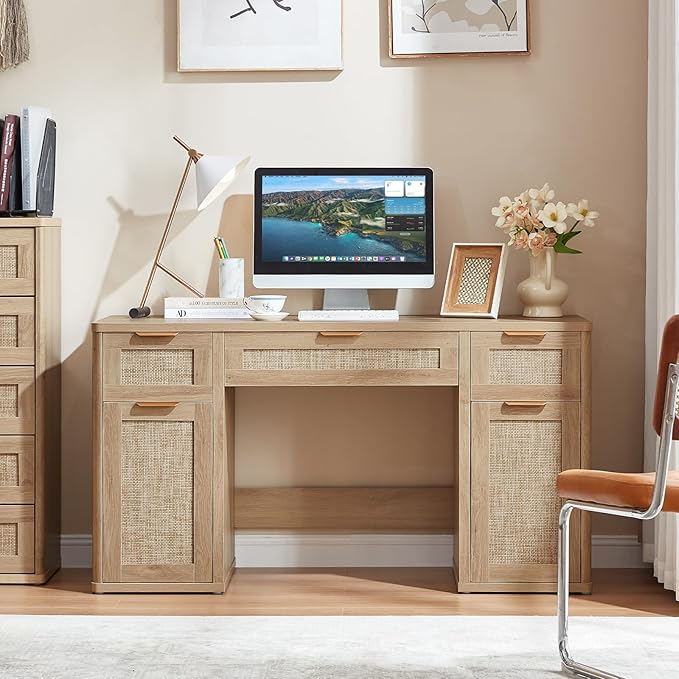 LEYAOYAO Office Desk 56" with 5 Drawers Storage File Cabinet Rattan Wood Desk for Computer Office Bedroom Home Furniture Natural
