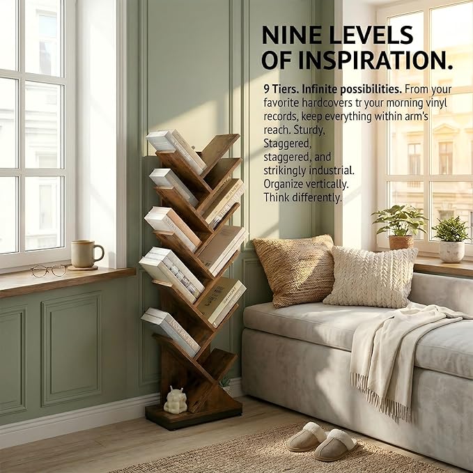 ruboka 9 Tier Tree Bookshelf, 9 Shelf Floor Standing Bookcase Display for CDs/Magazine/Books, Retro Bookshelf for Bedroom, Living Room, Office,Balcony,Book Organizer Storage Shelves