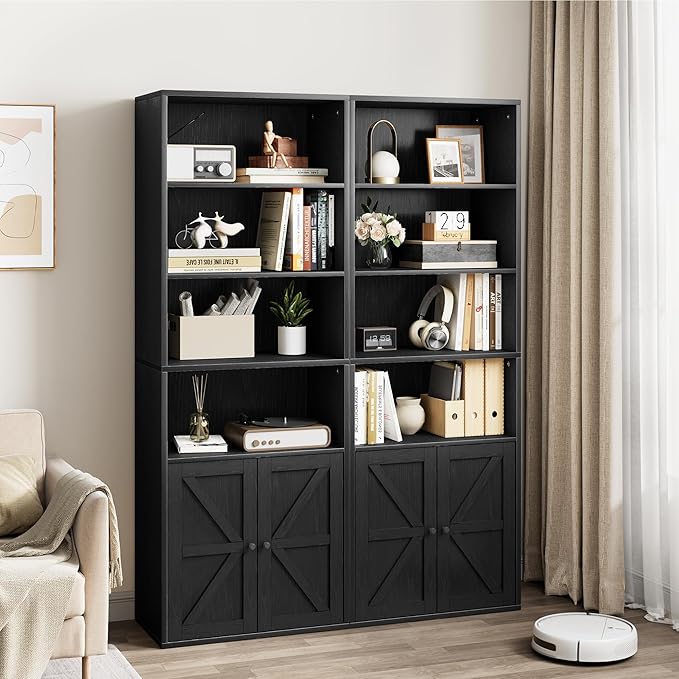 IDEALHOUSE Bookcase with Doors Industrial Bookshelf 11.8in Depth Display Storage Shelves 71.4in Tall Farmhouse Bookcases Wooden 6 Shelf Bookshelvels for Bedroom, Living Room, Home Office (Black)