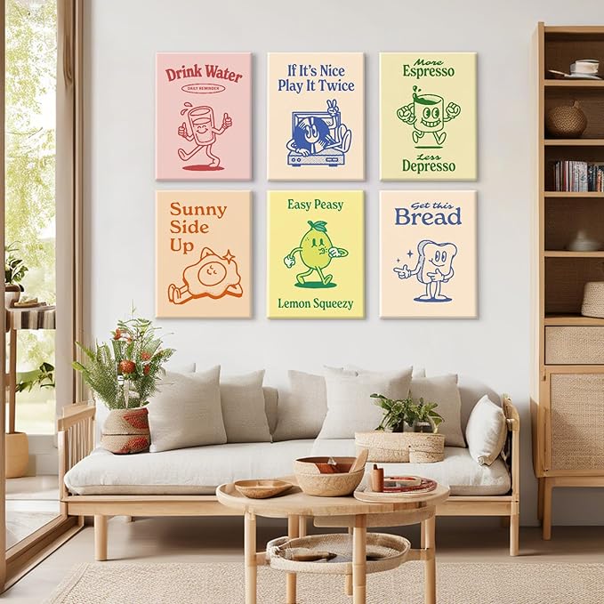 Youillne Retro Trendy Wall Art Decor Kitchen Aesthetic Canvas Art Prints Vintage Cute Pictures Funny Green Pink Yellow Blue Cartoon Wall Art Set of 6 8x10 Inch Ready to Hang