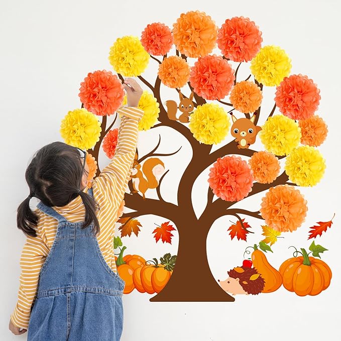 Fall Thanksgiving Tree Bulletin Board Set Decorations for Classroom Autumn 3D Tree Bulletin Board with Maple Leaf Pumpkin Cutouts for Fall Thanksgiving Party School Nursery Classroom Blackboard Decor