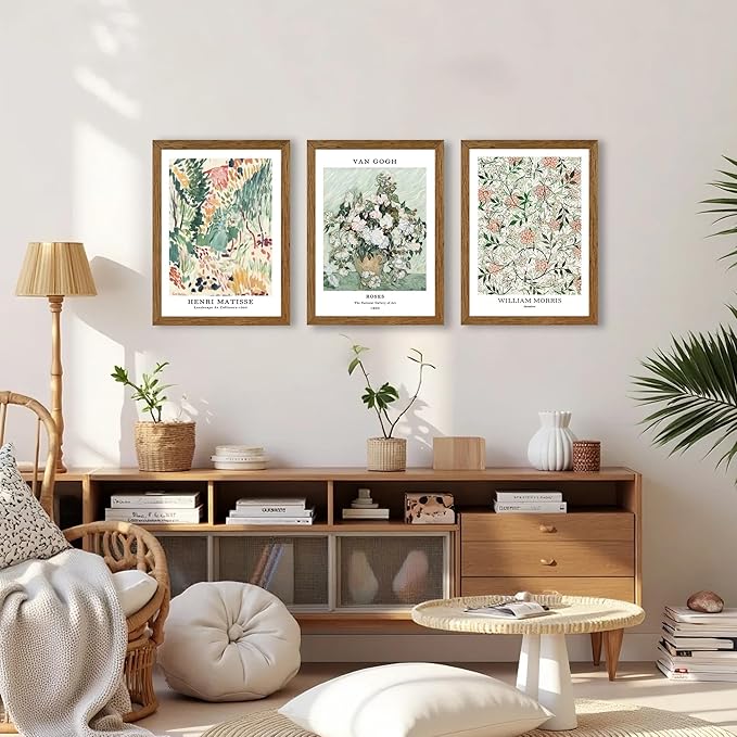 InspiredHues Matisse Van Gogh Morris Canvas Wall Art Set of 3, Sage Green Beige Neutral Flower Wall Decor, Vintage Botanical Art Prints for Living Room Bedroom Office Home Decoration 12x16 Wood Framed