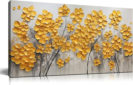 SKYRISE Abstract Gold Yellow Floral/Flower Wall Art Decor for Living Room, Modern Canvas Art Decorative-Picture Print Artwork for Bedroom Office, Size 40x20 Inches