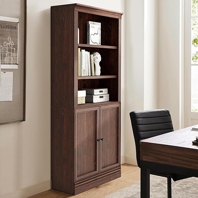 JAHRSTIM Halston Standard w/Doors Bookshelves and Bookcase Floor Standing 5 Tier Adjustable Shelves Organizer and Storage, 72in Tall Bookshelf for Home Office, Living Room, Bed Room, Kitchen, Cherry