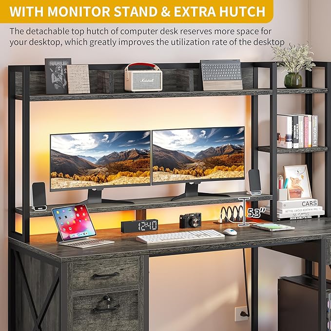 DWVO Computer Desk with Drawers & Hutch, 59.1" Office Desk with Power Outlets & LED Lights, Home Office Desk with Storage Shelves, Grey