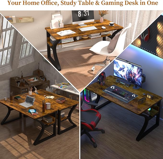 AZN Computer Desk, Computer Desk 47in, Office Desk w/Metal Frame & Storage, Office Desk for Study Writing Work Game, Home Office Desk Computer Desks w/Waterproof & Scratch-Resistant Surface, Brown