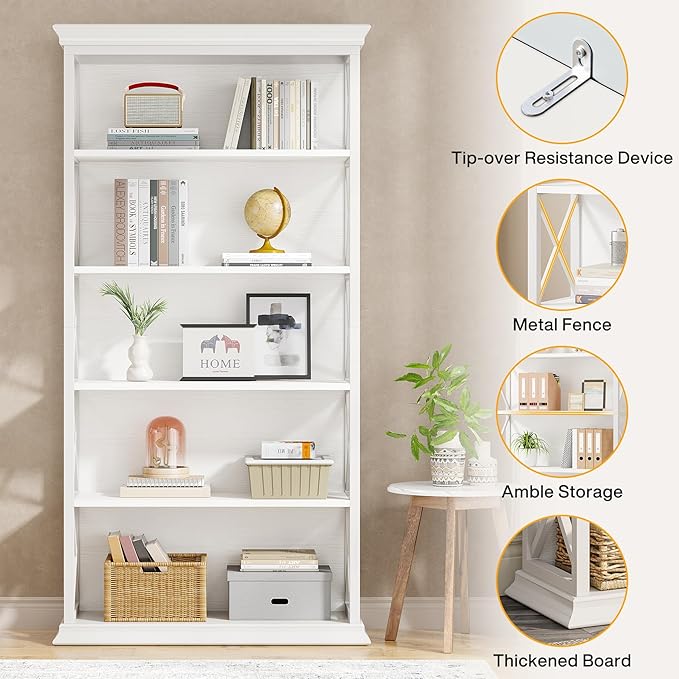 Tribesigns 6-Tier Bookcase, 71 Inches Industrial Bookshelves and Bookcases, Floor Standing 5 Shelf Display Storage Shelves Tall Bookcase for Home Office, Living Room, Bed Room, White