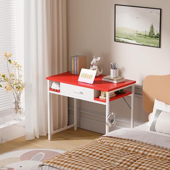 Pamray 32 Inch Small Computer Desk with Drawer and Shelves Simple Study Work Table for Bedroom Red