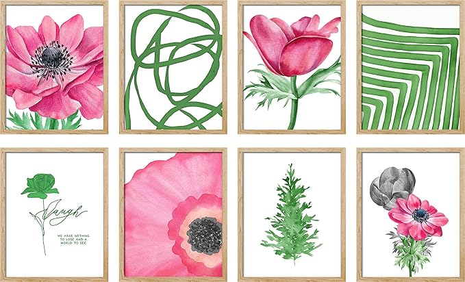 SIGNWIN Framed Poster Bathroom Decor, Wall Art Room Decor Multicolor for Living Room, Bedroom, Office Pink Daisy Jungle Tropical Botanical Palm Leaf Nature Abstract Shapes - 8"x10"x 8 Natural
