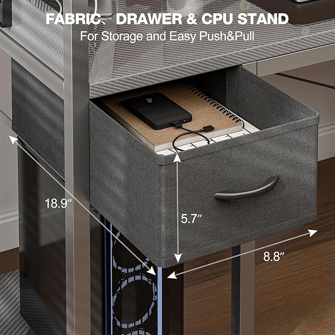 Grandder Gaming Desk 55 Inch with Power Outlet and LED Light, Computer Desk with Reversible Shelves and Storage Drawer, Pc Small Desk for Home Office Table with Bag, Carbon Fiber Grey