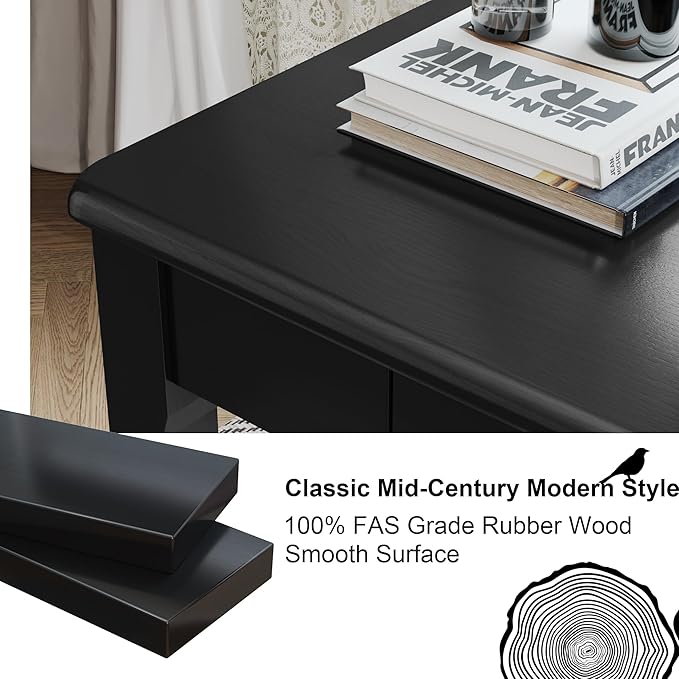 100% Solid Wooden Desk with Drawers - 47 x 16 Inch Modern Narrow Desks, Rubber Wood Study Table, Small Writing Desk for Small Spaces|Bedroom - Black Desks