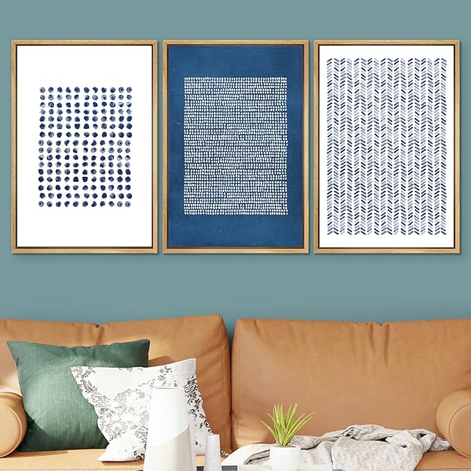 SIGNWIN Framed Canvas Print Wall Art Set Blue Geometric Pattern Landscape Abstract Shapes Illustrations Modern Art Boho Relax/Zen Nordic for Living Room, Bedroom, Office - 24"x36"x3 Natural