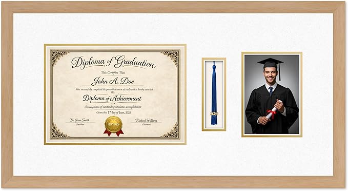 Diploma Tassel and Photo Frame Natural Wood Shadowbox Oyster Shell Over Gold Mat - Fits 11.69 x 8.27 Degree Picture Made in the USA