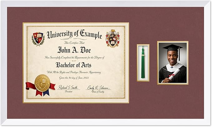 CountryArtHouse Diploma Tassel and Photo Shadowbox Fits 17 x 13 International Diploma with Tassel Hook Bright White Genuine Hardwood with Dark Red Over Metallic Gold Double mat
