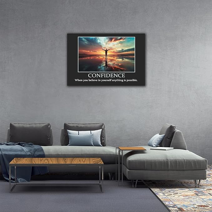 UZMKM - Inspirational Wall Art, Black Background Motivational Confident Picture, Quote Saying Canvas Print for Home Office Decor, Company Poster Framed Artwork for Office Wall Decor 32x48 Inch