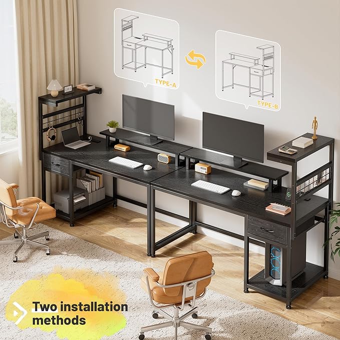 EnHomee 40" Gaming Desk with Power Outlets & LED Lights, Computer Desk with Drawer & Storage Shelve, Home Office Desk with Monitor Stand for Living Room, Study Room, Gaming Room, Black